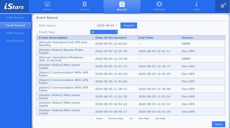 مشاهده رویدادهای یو پی اس ثبت شده توسط کارت snmp